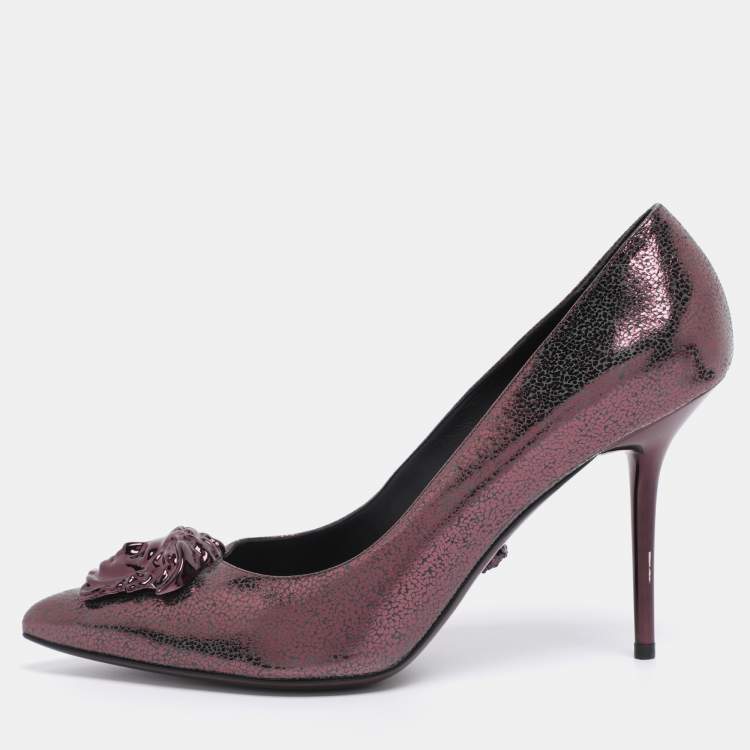 Pre Owned Versace Metallic Purple Leather Medusa Pointed Toe Pumps Size 41