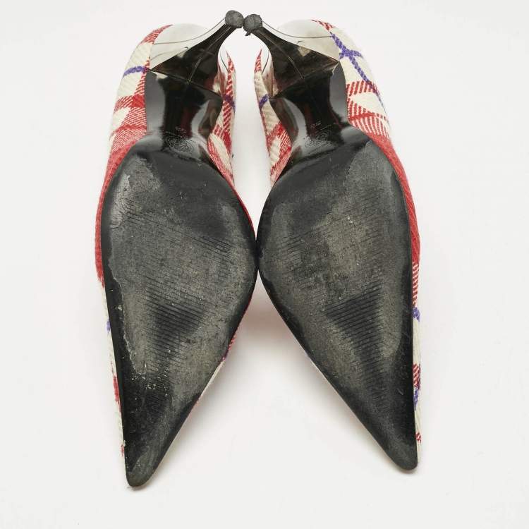 Pre Owned Versace White/Red Plaid Check Fabric Pointed Toe Pumps Size 38