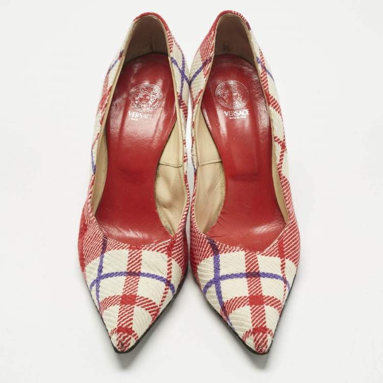 Pre Owned Versace White/Red Plaid Check Fabric Pointed Toe Pumps Size 38