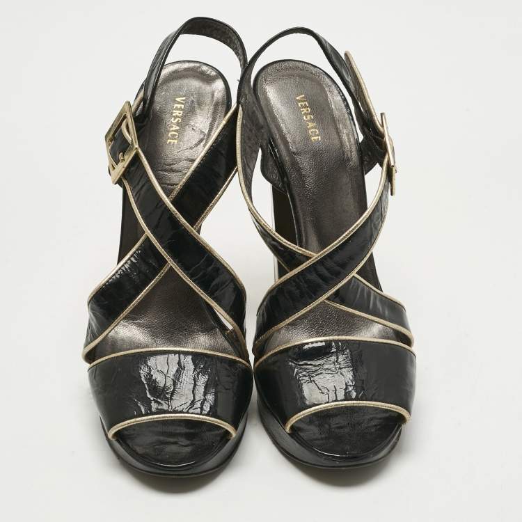 Pre Owned Versace Black Patent Leather Ankle Strap Sandals Size 39