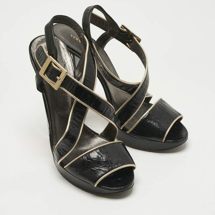Pre Owned Versace Black Patent Leather Ankle Strap Sandals Size 39