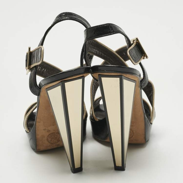 Pre Owned Versace Black Patent Leather Ankle Strap Sandals Size 39