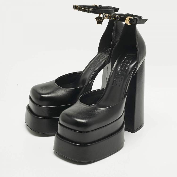 Pre Owned Versace Black Leather Medusa Aevitas Double Platform Pumps Size 39