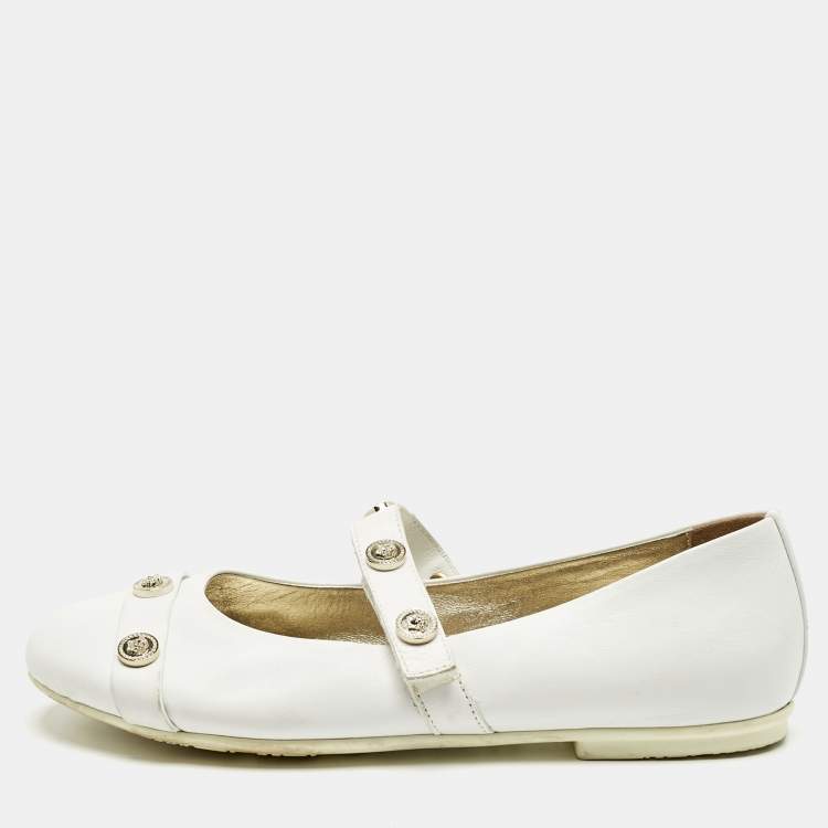 Pre Owned Versace White Leather Medusa Mary Jane Ballet Flats Size 38