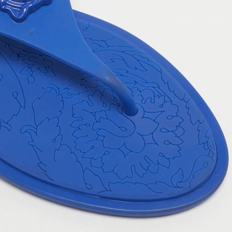 Pre Owned Versace Blue Rubber Medusa Thong Flat Slide Size 38.5