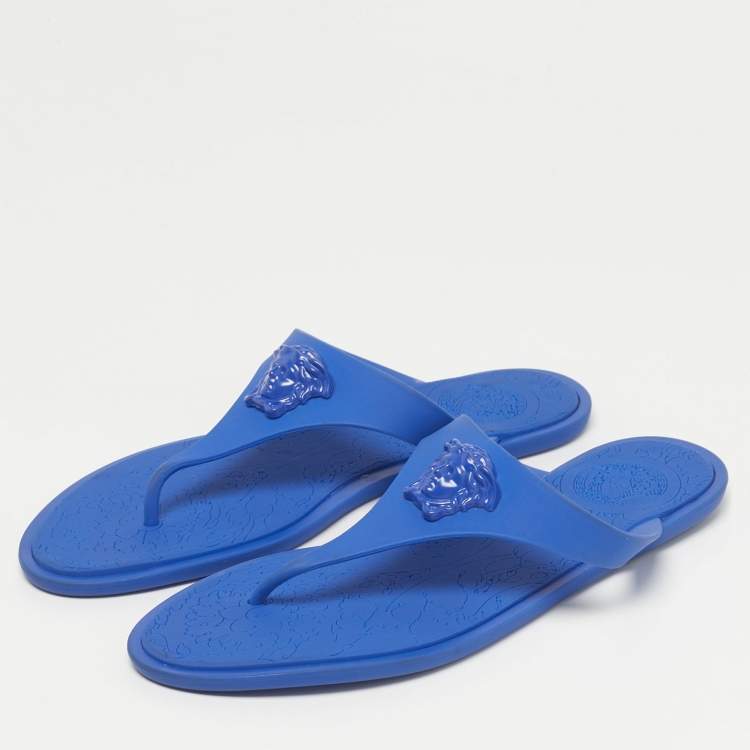 Pre Owned Versace Blue Rubber Medusa Thong Flat Slide Size 38.5