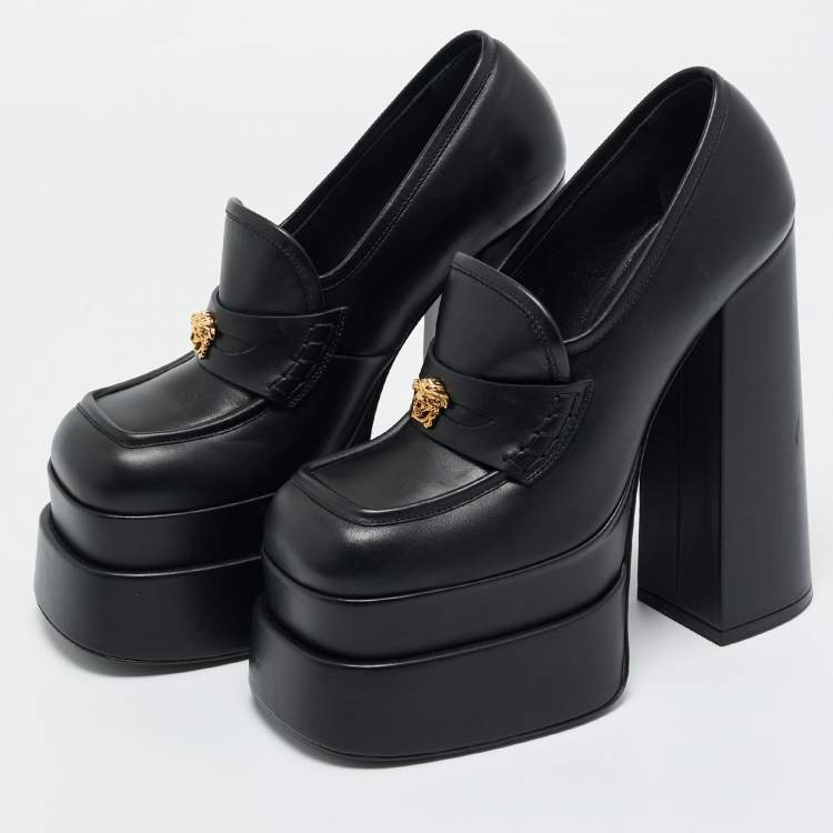 Pre Owned Versace Black Leather Aevitas Platform Pumps Size 37
