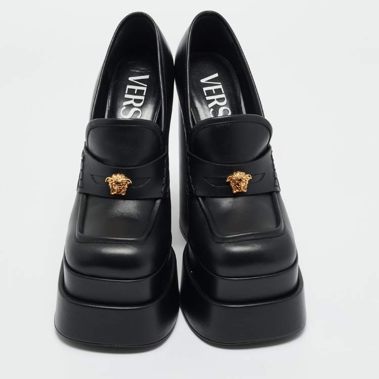 Pre Owned Versace Black Leather Aevitas Platform Pumps Size 37