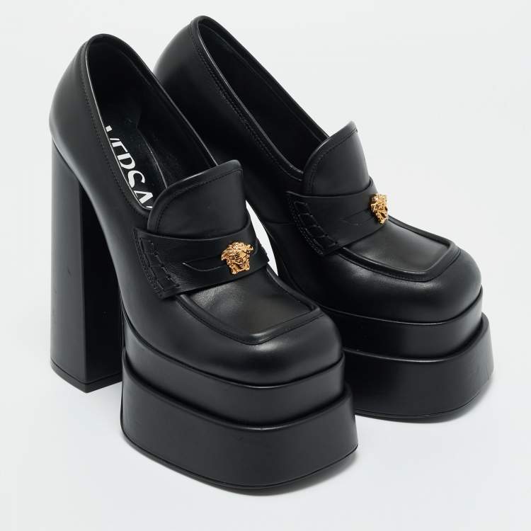 Pre Owned Versace Black Leather Aevitas Platform Pumps Size 37