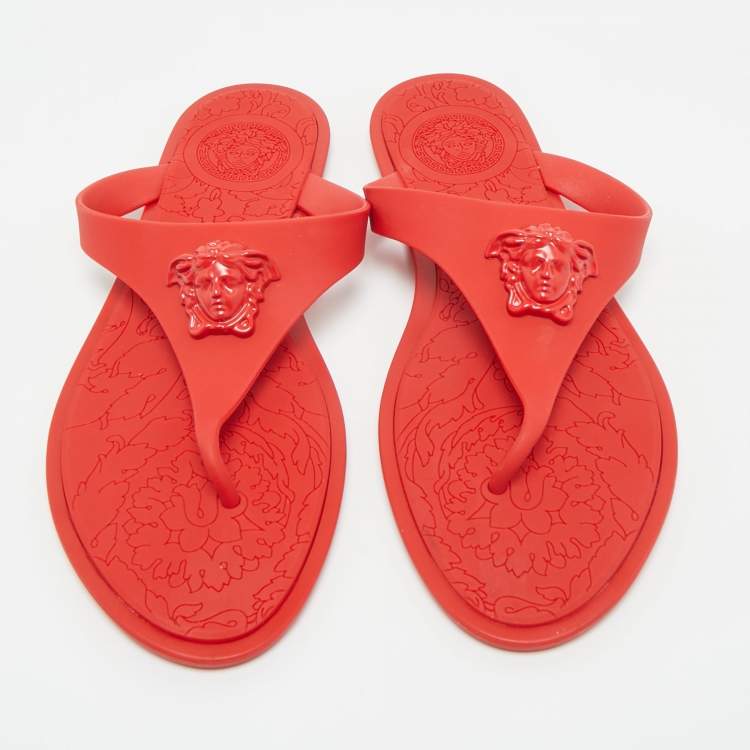 Pre Owned Versace Red Rubber Medusa Thong Flat Sandals Size 38.5