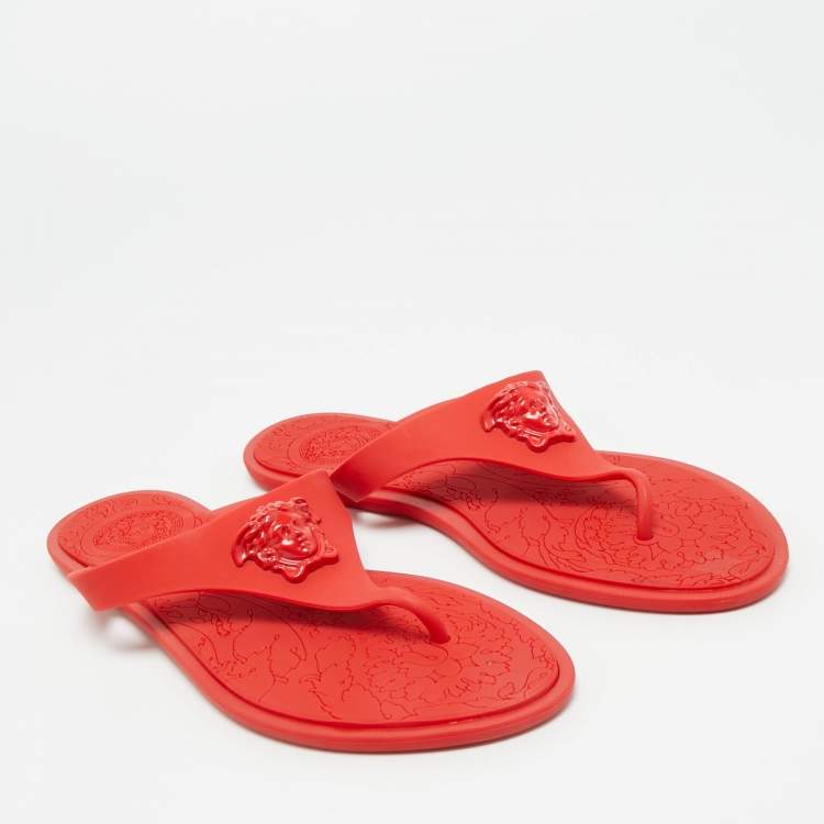 Pre Owned Versace Red Rubber Medusa Thong Flat Sandals Size 38.5