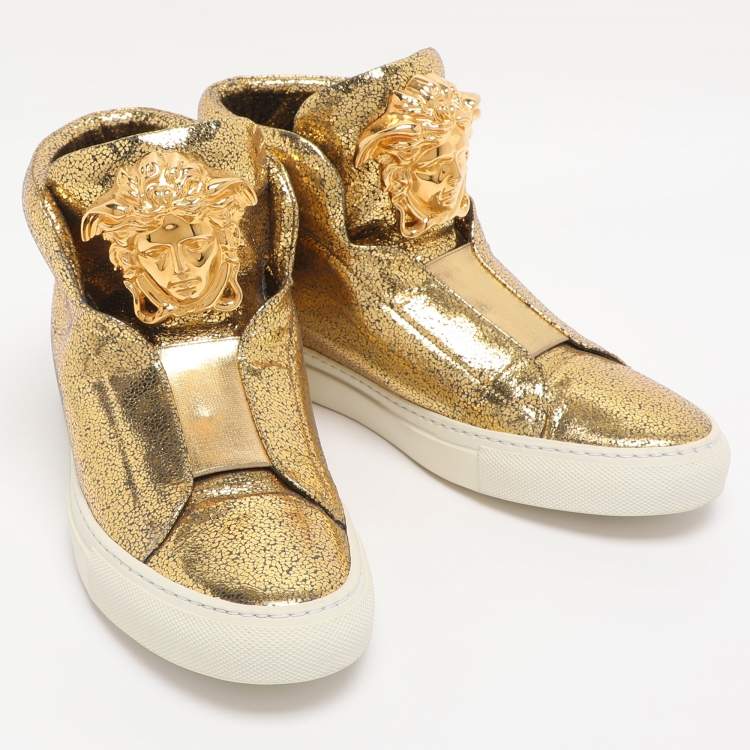 Pre Owned Versace Metallic Gold Crackle Leather Medusa High Top Sneakers Size 38.5