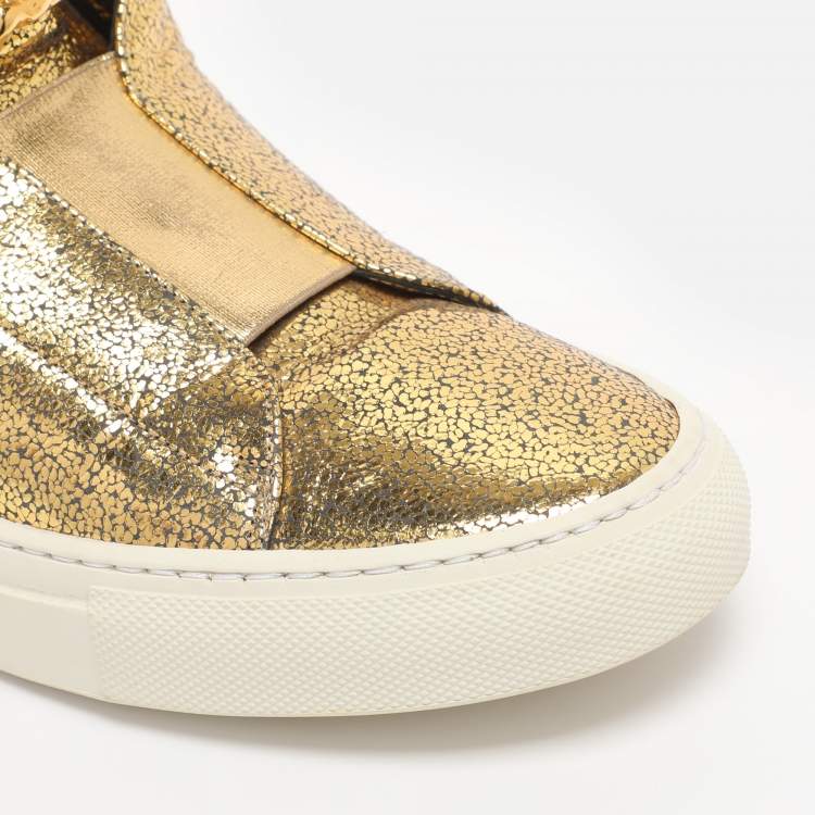 Pre Owned Versace Metallic Gold Crackle Leather Medusa High Top Sneakers Size 38.5