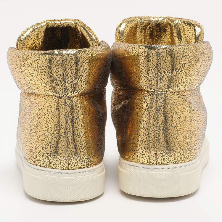 Pre Owned Versace Metallic Gold Crackle Leather Medusa High Top Sneakers Size 38.5