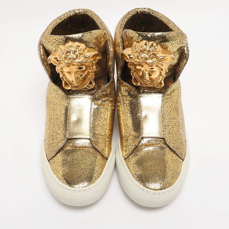 Pre Owned Versace Metallic Gold Crackle Leather Medusa High Top Sneakers Size 38.5
