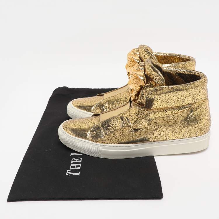 Pre Owned Versace Metallic Gold Crackle Leather Medusa High Top Sneakers Size 38.5