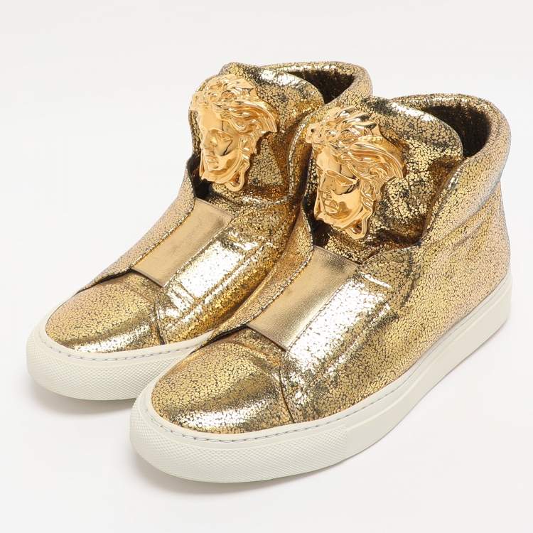 Pre Owned Versace Metallic Gold Crackle Leather Medusa High Top Sneakers Size 38.5