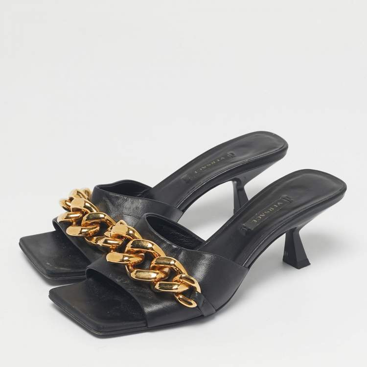 Pre Owned Versace Black Leather Medusa Chain Link Slide Sandals Size 36