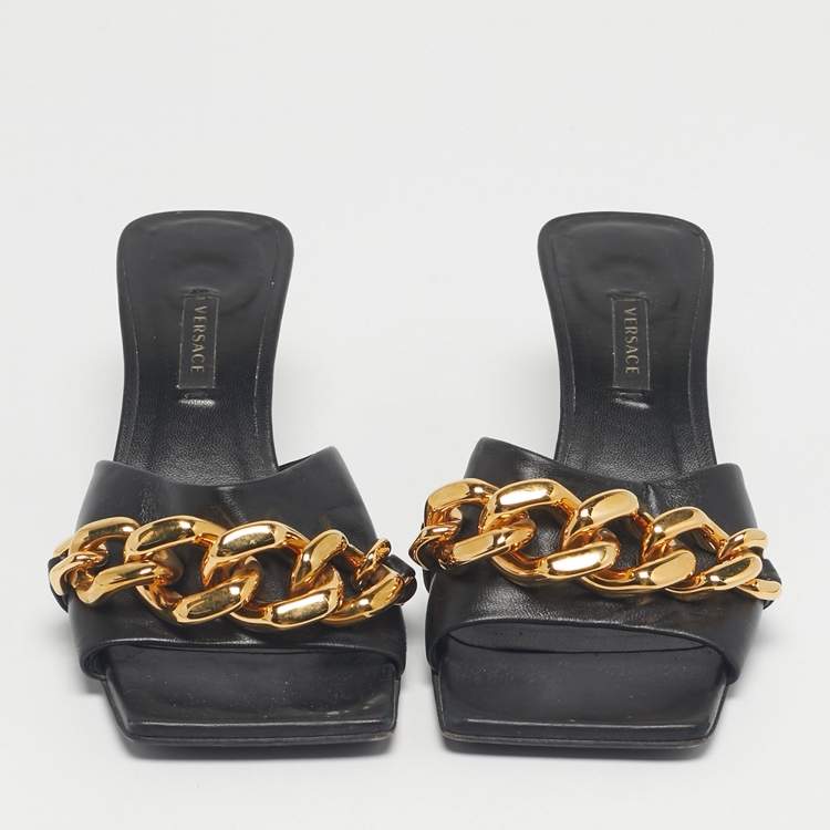 Pre Owned Versace Black Leather Medusa Chain Link Slide Sandals Size 36