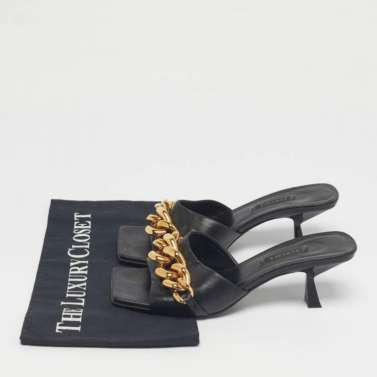 Pre Owned Versace Black Leather Medusa Chain Link Slide Sandals Size 36