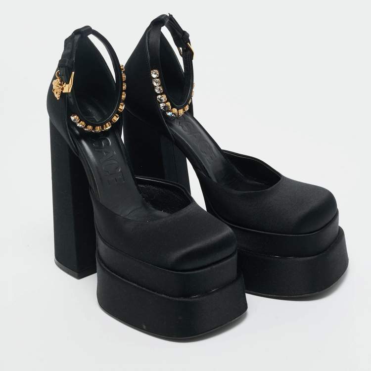 Pre Owned Versace Black Satin Aevitas Platform Pumps Size 37