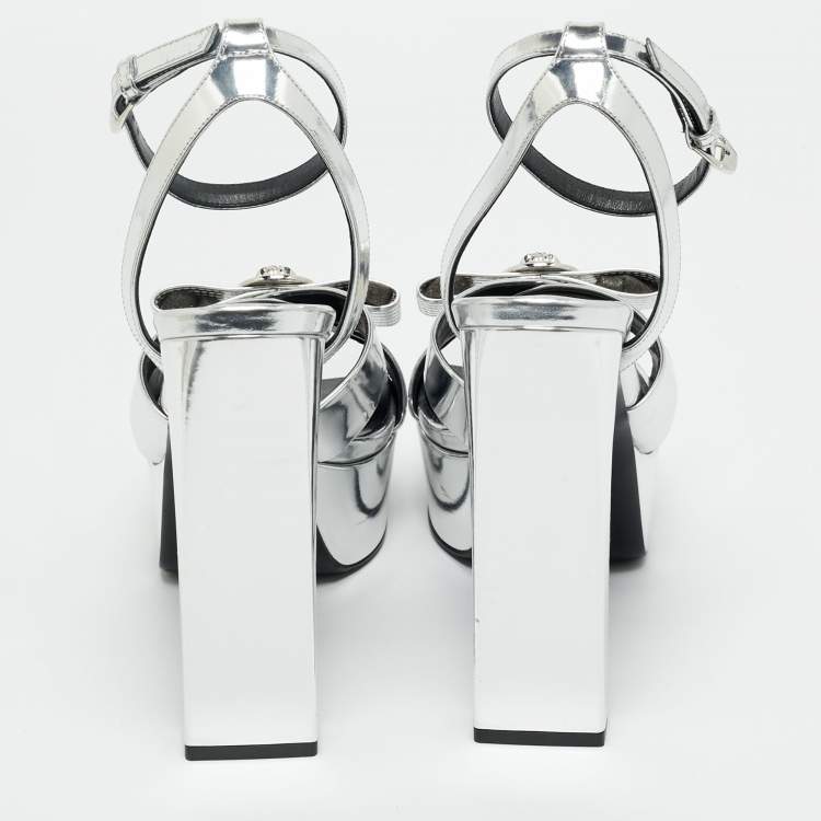 Pre Owned Versace Silver Foil Leather Ankle Strap Platform Sandals Size 40