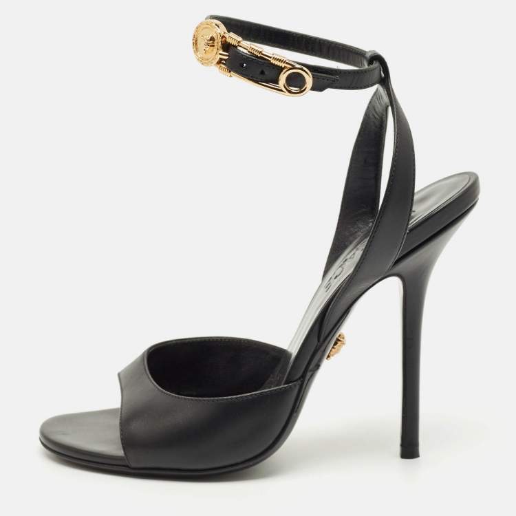 Pre Owned Versace Black Leather Safety Pin Ankle Strap Sandals Size 37