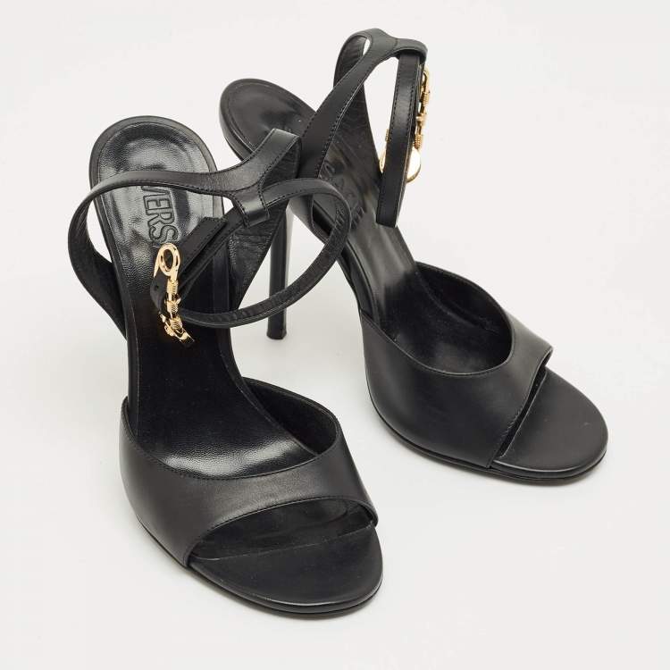 Pre Owned Versace Black Leather Safety Pin Ankle Strap Sandals Size 37