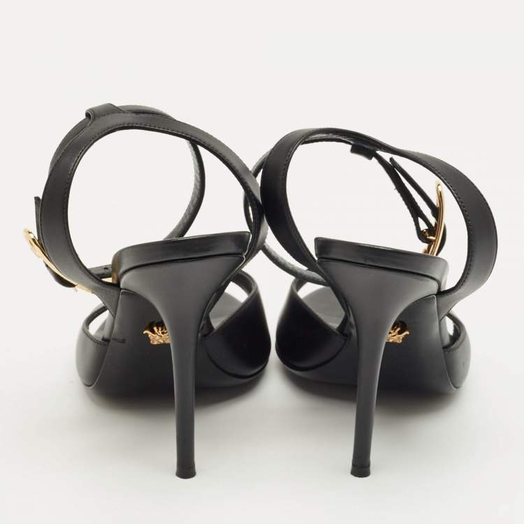 Pre Owned Versace Black Leather Safety Pin Ankle Strap Sandals Size 37