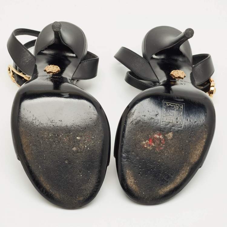 Pre Owned Versace Black Leather Safety Pin Ankle Strap Sandals Size 37