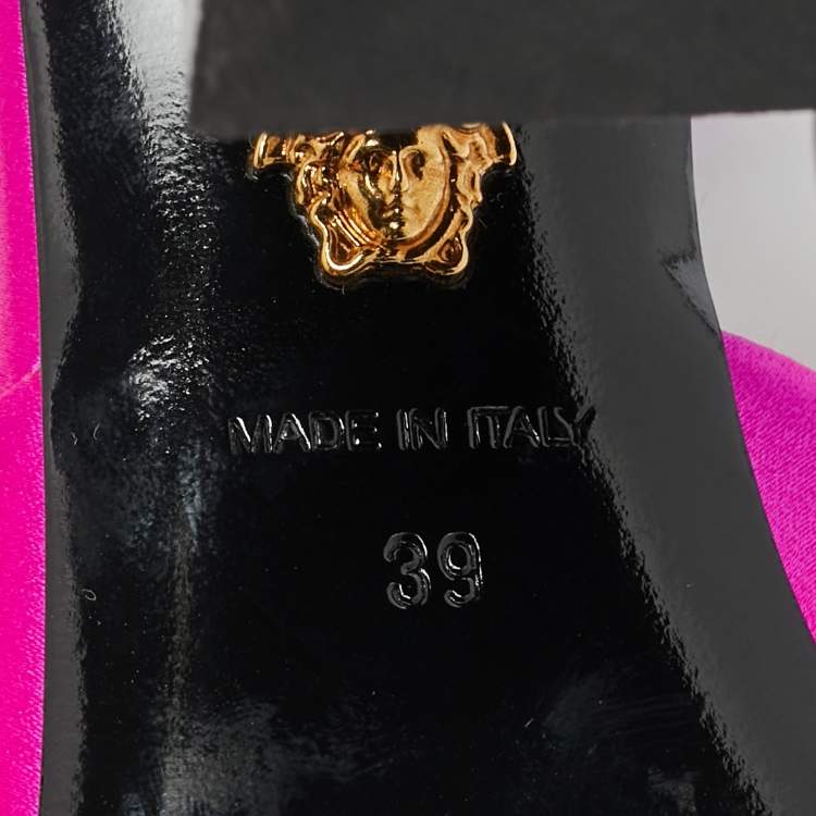 Pre Owned Versace Pink Satin Medusa Block Heel Ankle Strap Sandals Size 39
