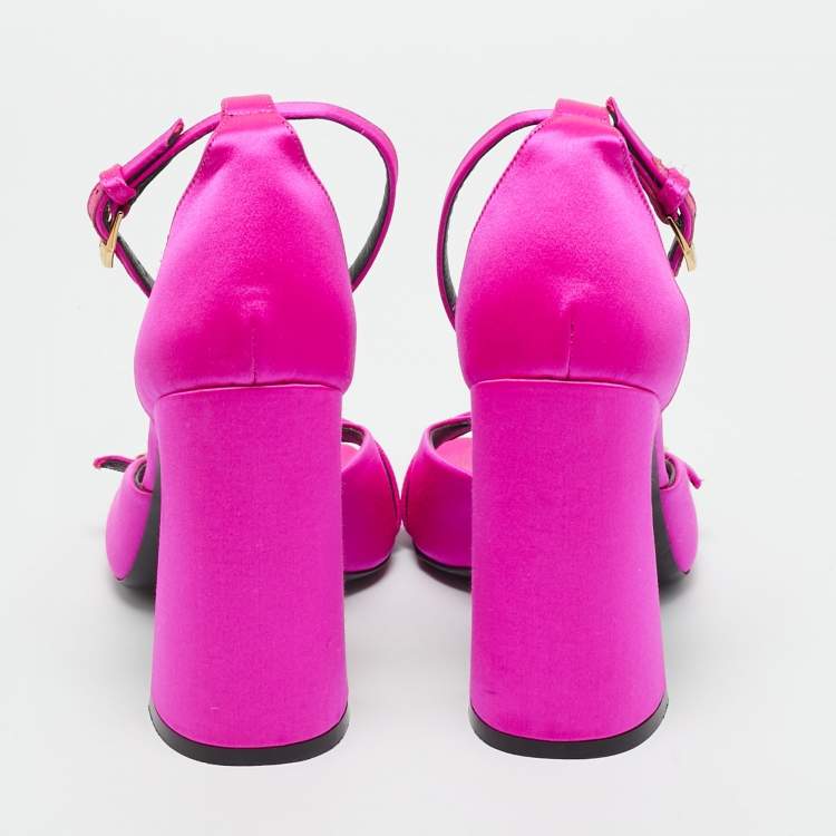 Pre Owned Versace Pink Satin Medusa Block Heel Ankle Strap Sandals Size 39