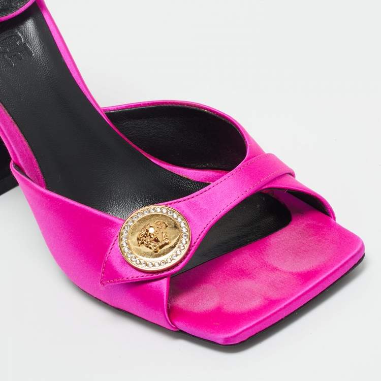 Pre Owned Versace Pink Satin Medusa Block Heel Ankle Strap Sandals Size 39