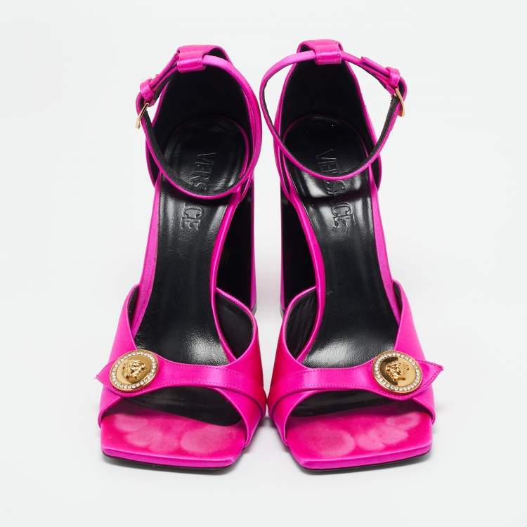 Pre Owned Versace Pink Satin Medusa Block Heel Ankle Strap Sandals Size 39