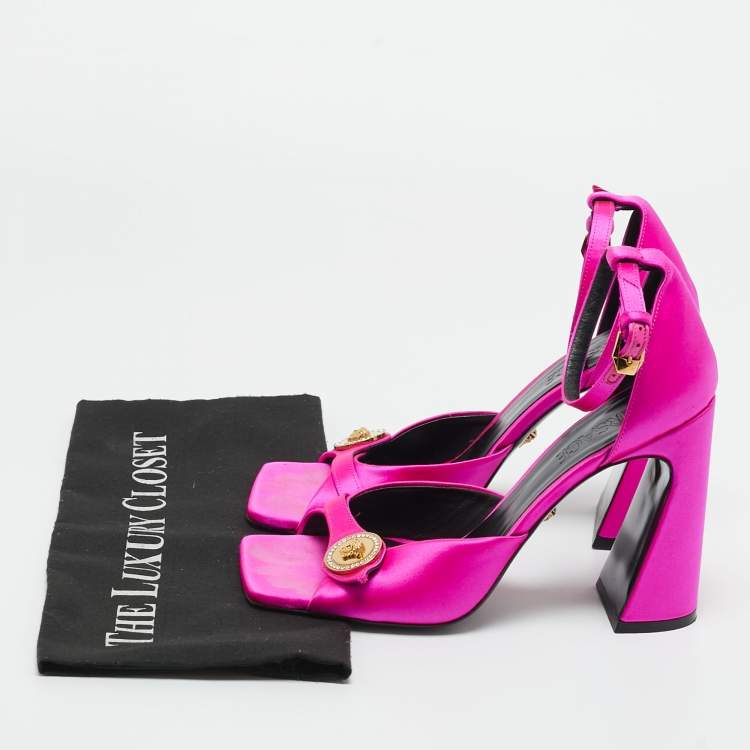 Pre Owned Versace Pink Satin Medusa Block Heel Ankle Strap Sandals Size 39