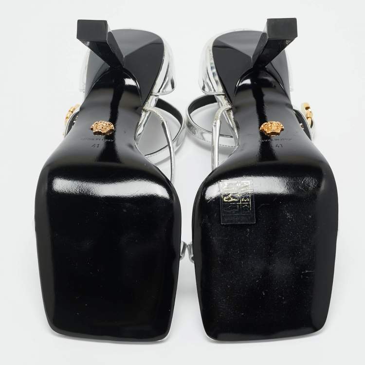 Pre Owned Versace Silver Leather Safety Pin Ankle Strap Sandals Size 41