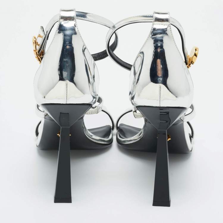 Pre Owned Versace Silver Leather Safety Pin Ankle Strap Sandals Size 41