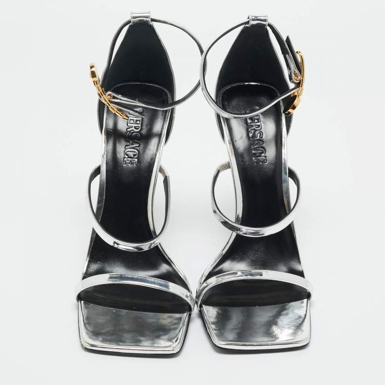 Pre Owned Versace Silver Leather Safety Pin Ankle Strap Sandals Size 41