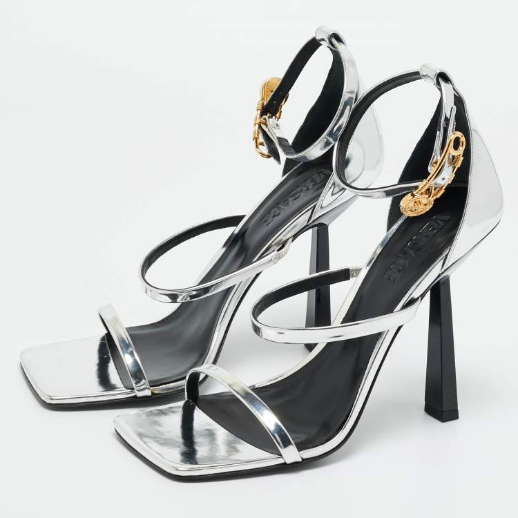 Pre Owned Versace Silver Leather Safety Pin Ankle Strap Sandals Size 41