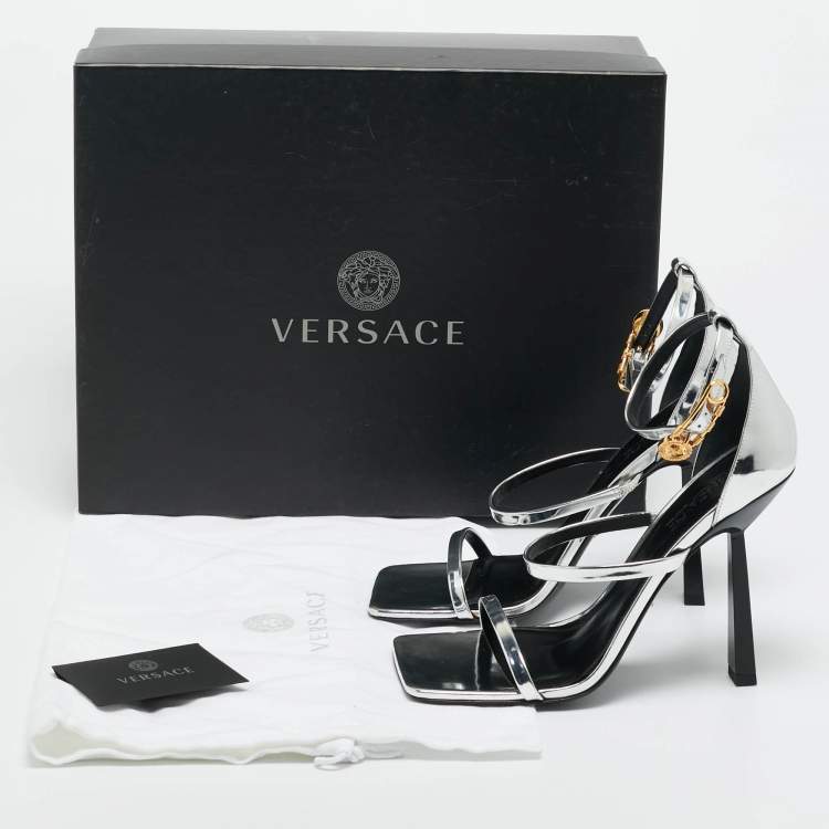 Pre Owned Versace Silver Leather Safety Pin Ankle Strap Sandals Size 41
