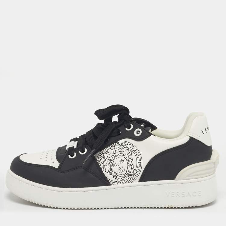 Pre Owned Versace White/Black Leather Medusa Lace Up Sneakers Size 37