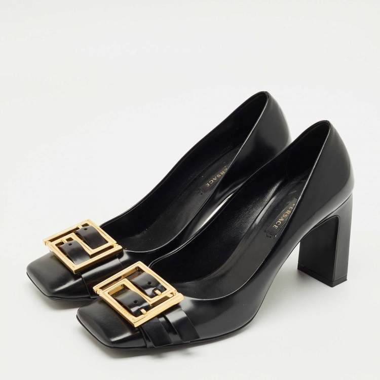 Pre Owned Versace Black Leather Block Heel Pumps Size 38.5