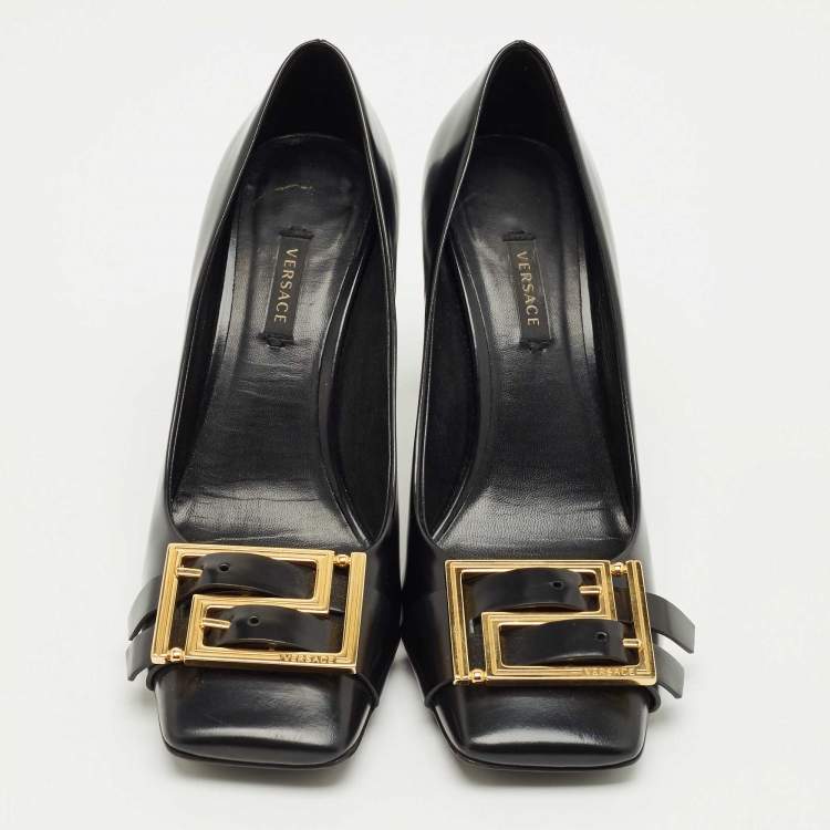 Pre Owned Versace Black Leather Block Heel Pumps Size 38.5