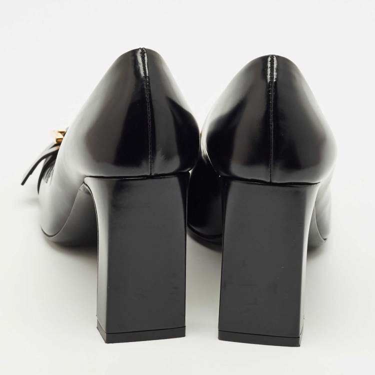 Pre Owned Versace Black Leather Block Heel Pumps Size 38.5