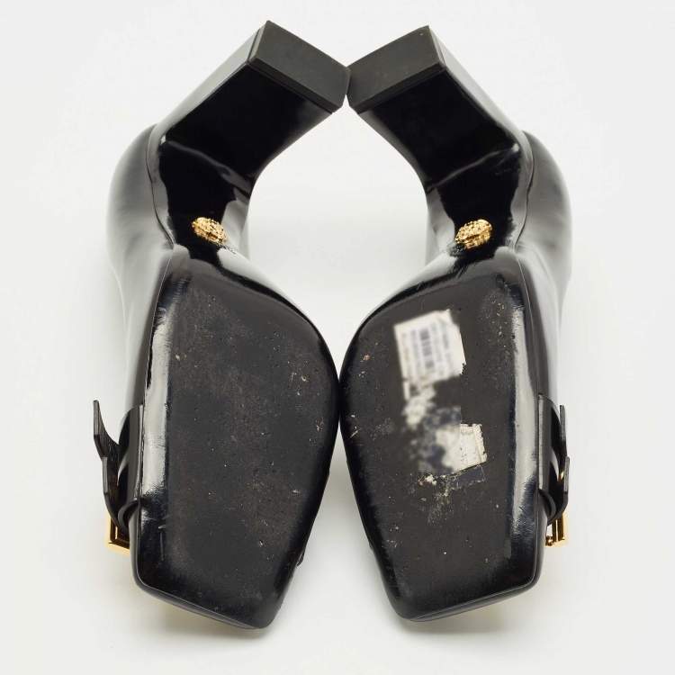 Pre Owned Versace Black Leather Block Heel Pumps Size 38.5