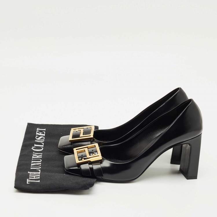 Pre Owned Versace Black Leather Block Heel Pumps Size 38.5