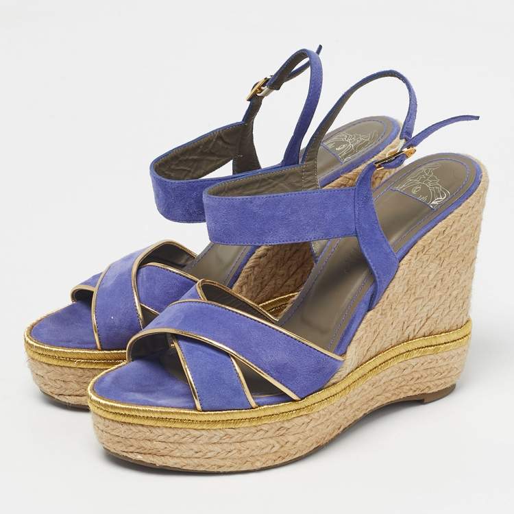 Pre Owned Versace Blue Suede Espadrille Strappy Wedge Sandals Size 39