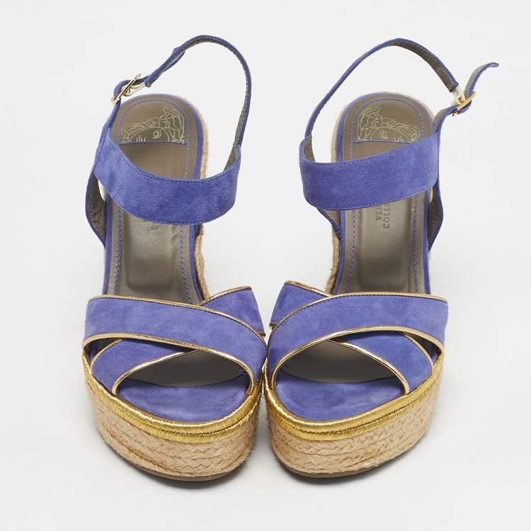 Pre Owned Versace Blue Suede Espadrille Strappy Wedge Sandals Size 39
