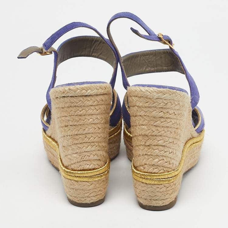 Pre Owned Versace Blue Suede Espadrille Strappy Wedge Sandals Size 39