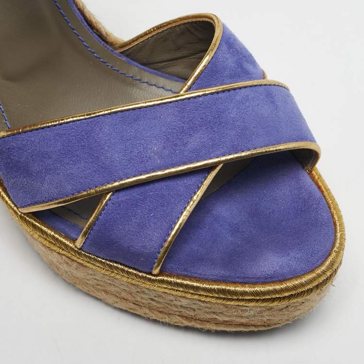 Pre Owned Versace Blue Suede Espadrille Strappy Wedge Sandals Size 39